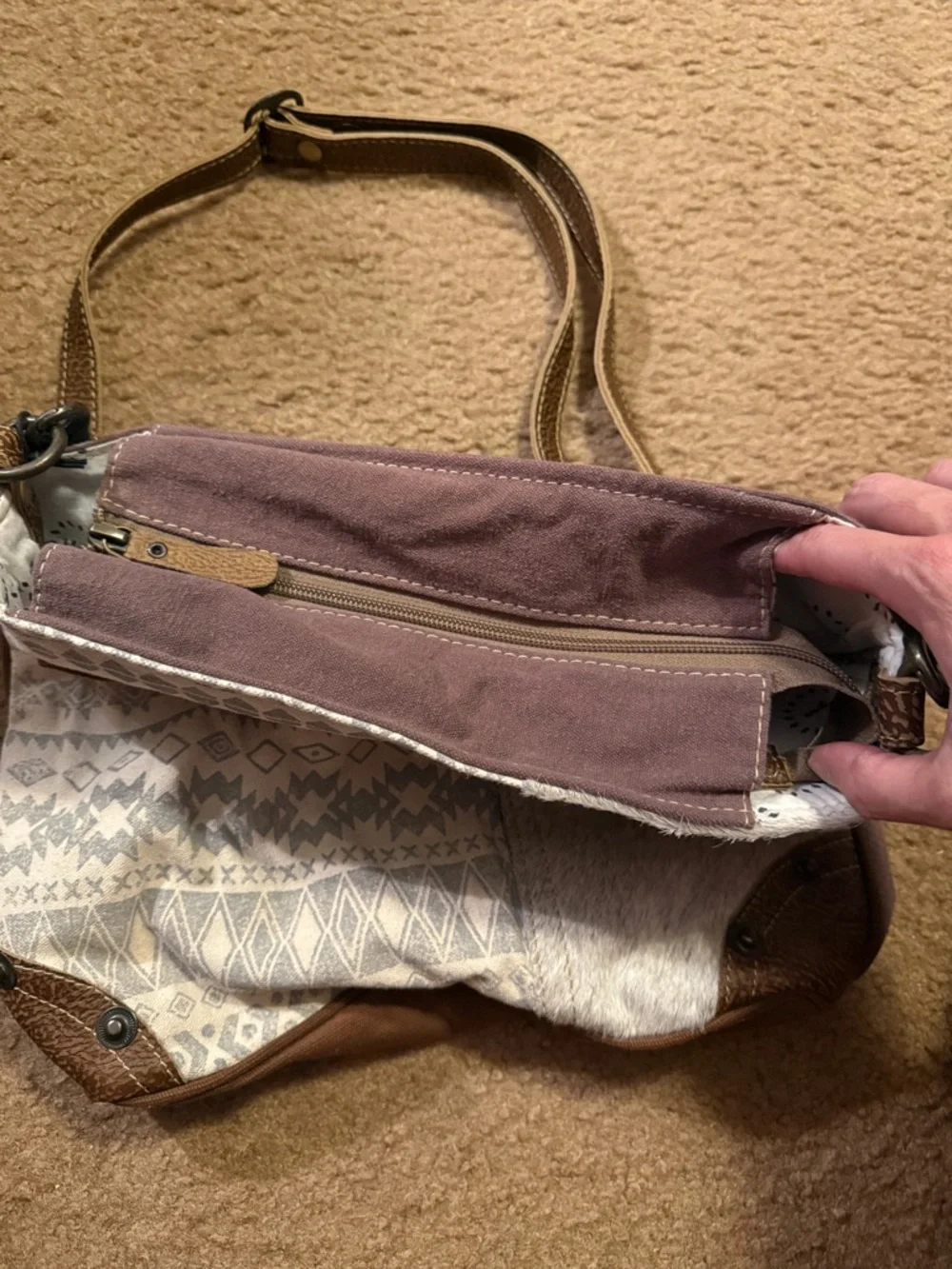 Myra Side Floral Design Shoulder Bag Cream, Gray, and Brown Aztec New with Tags